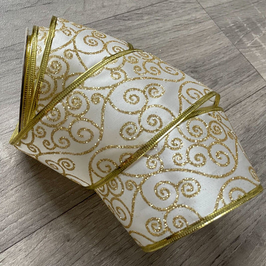 Wired Edge Christmas Ribbon Roll or 1m Metre Glitter Scroll Pattern 63mm Wide