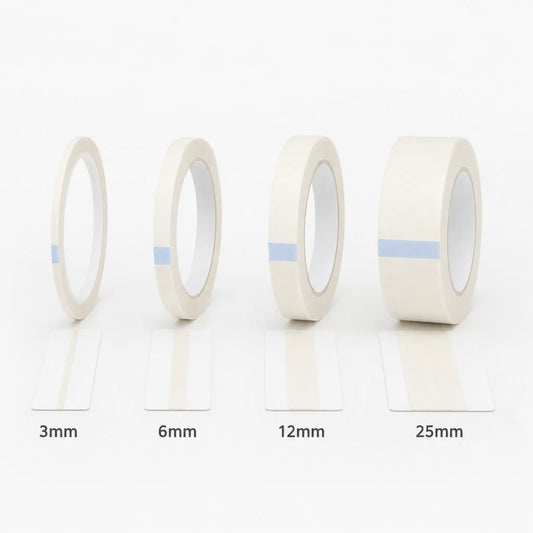 3mm, 6mm, 12mm, and 25mm wide double sided sticky tapes shown sided by side so you can compare widths