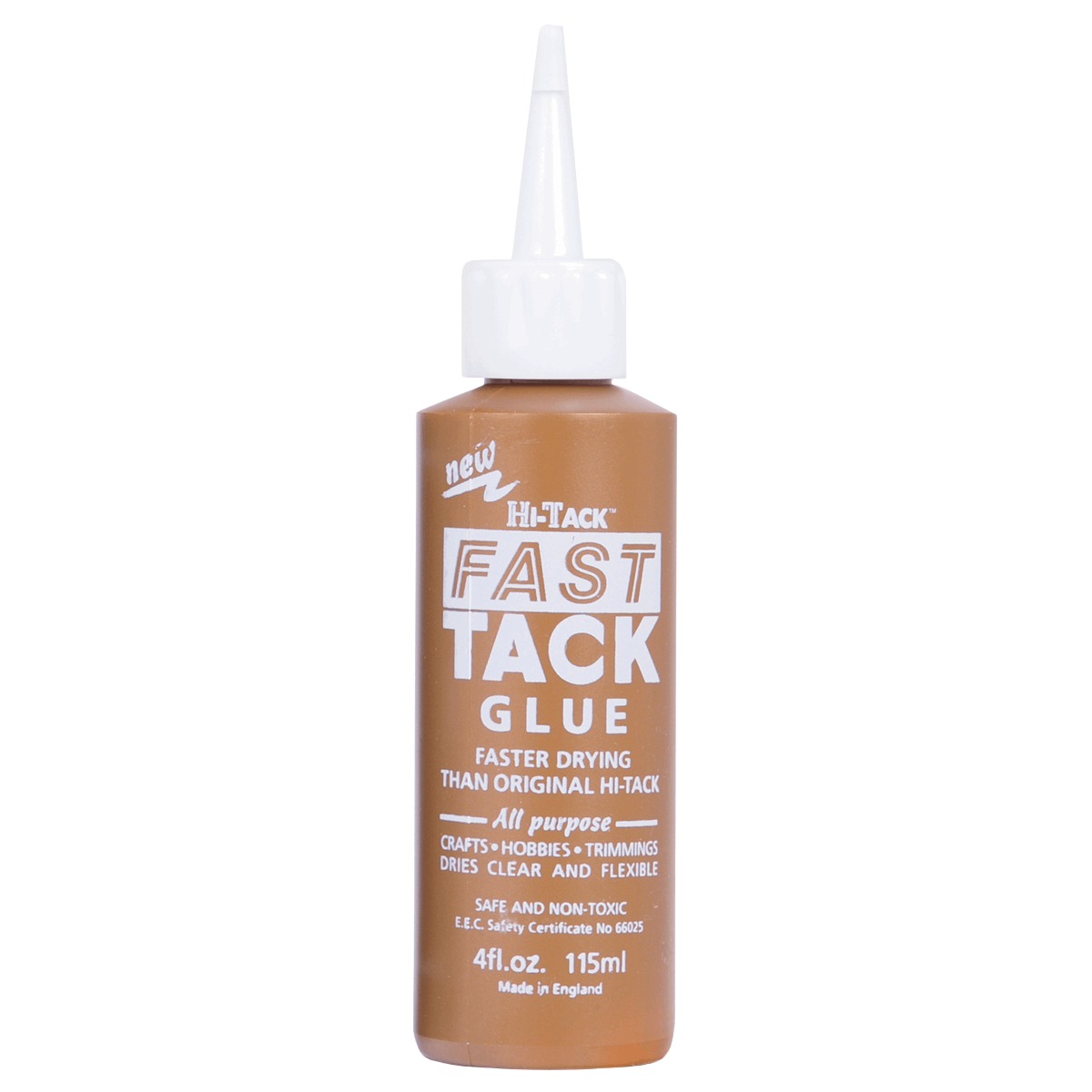 Hi Tack Fast Tack Glue dries clear and flexible for crafts, hobbies, trimmings in a handy brown squeeze botte