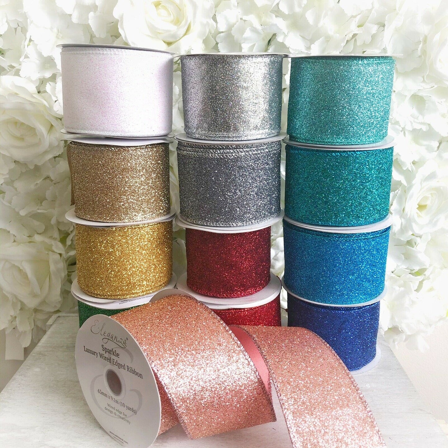 63mm Wide Wired Edge Ribbon Glitter Finish Bow Making Florist Tree Decoration