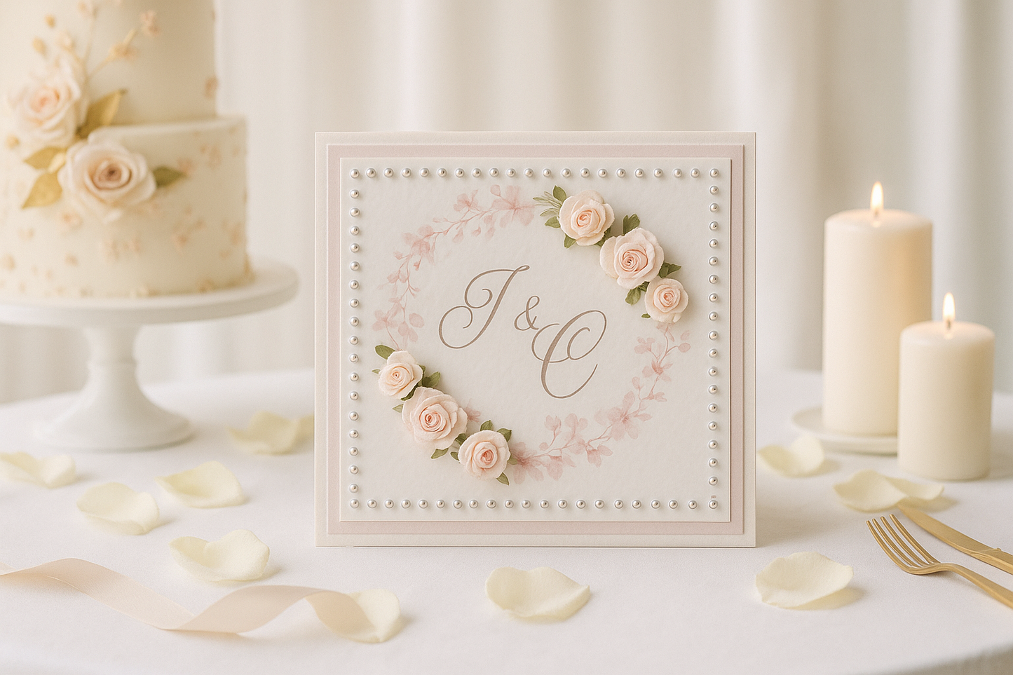 Luxury square blush pink wedding invitation with handmade flowers, pearl detailing and personalised initials