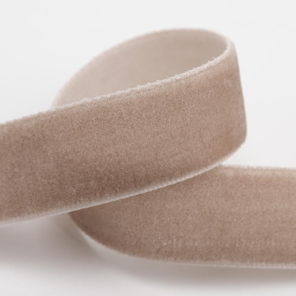 Taupe single-face velvet ribbon in 9mm, 16mm and 25mm widths