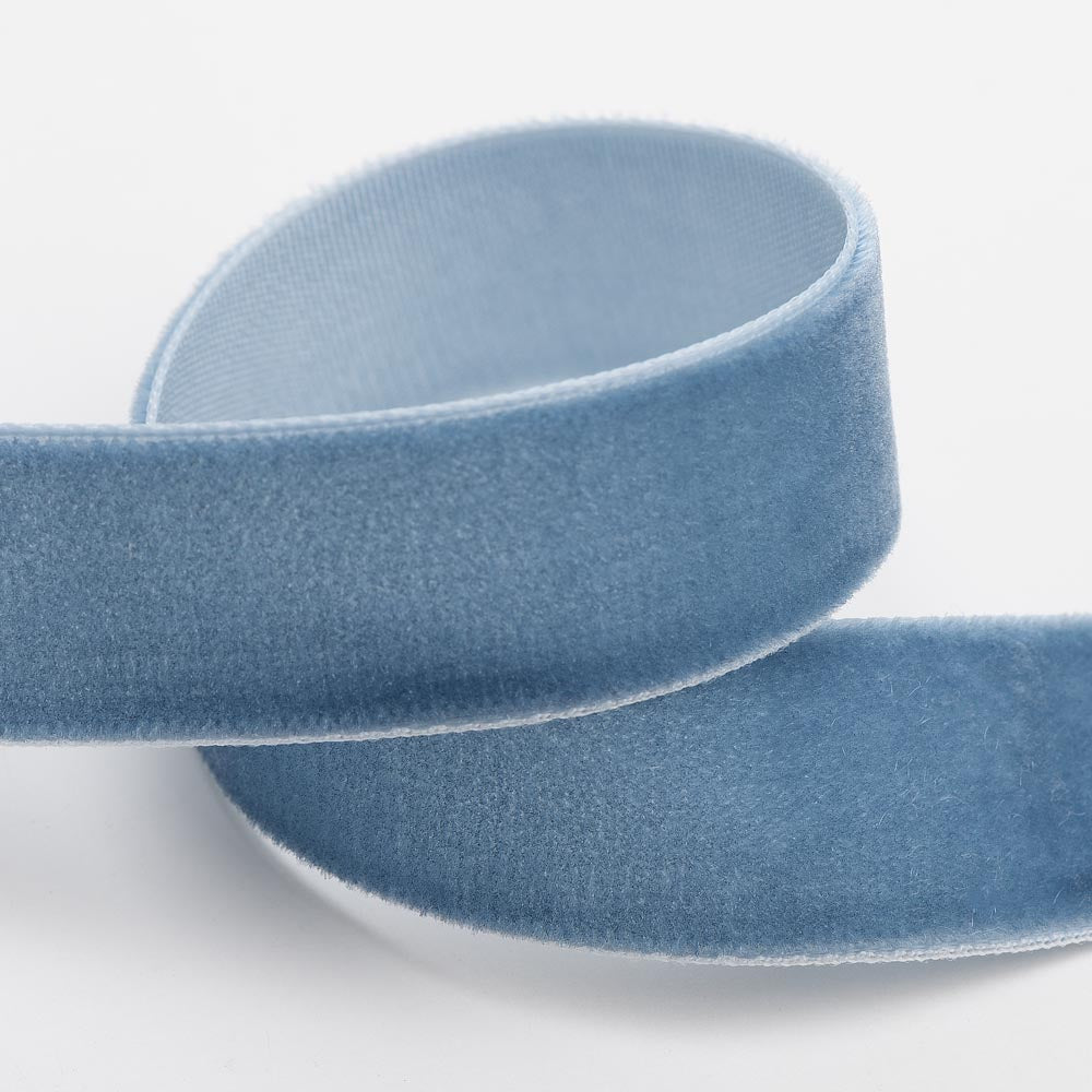 Vintage Blue single-face velvet ribbon in 9mm, 16mm and 25mm widths