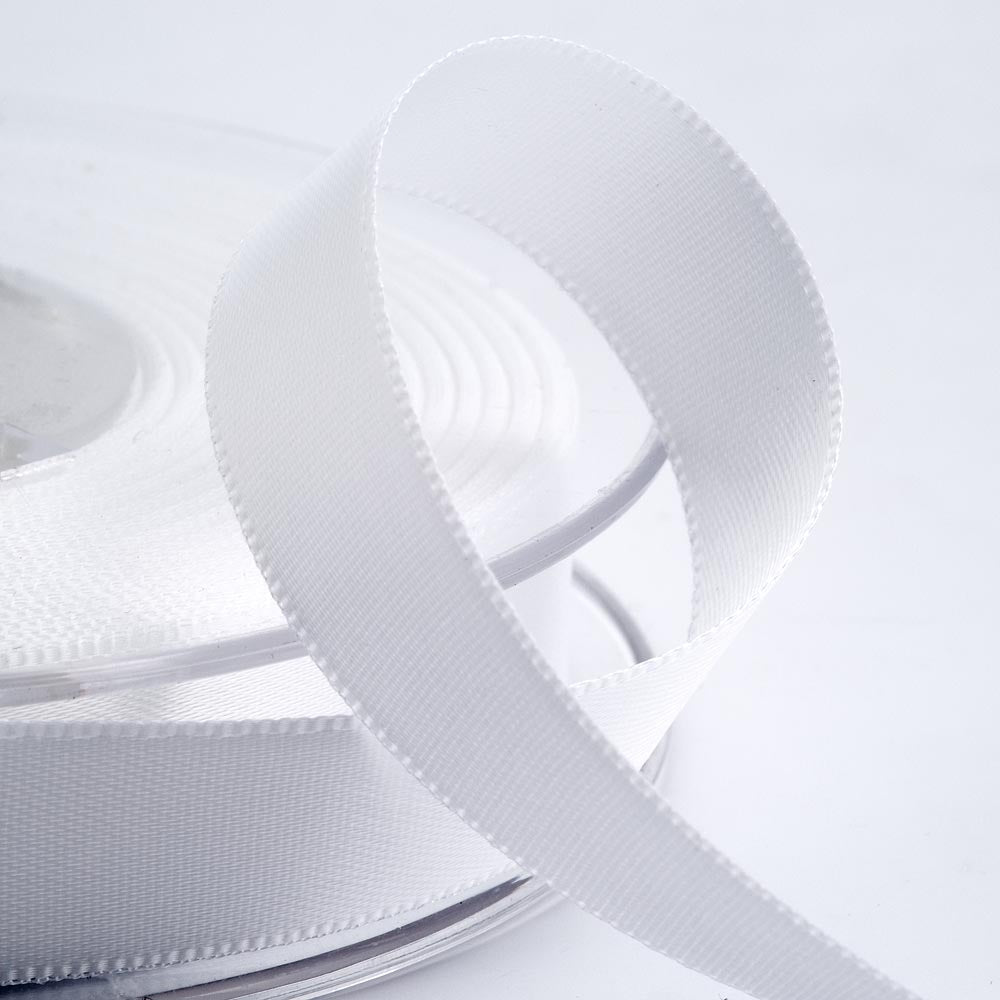 White double-sided satin ribbon available in widths from 3mm to 50mm