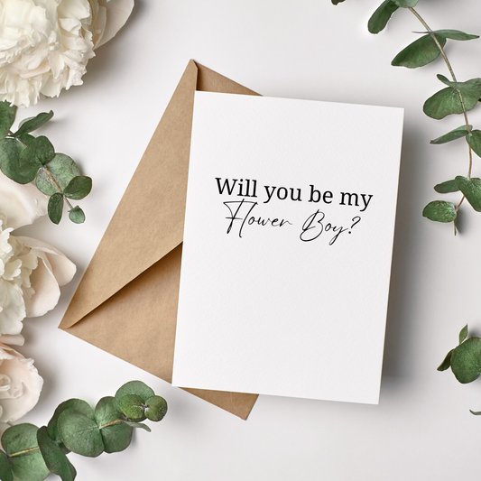 Bridesmaid Proposal Card with 'Will you be my Flower Boy?' text on a white background with flowers and leaves.