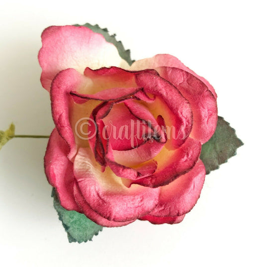 Small Mulberry Paper Rose Flowers For Card Making Craft With Wire Green Stem 5cm