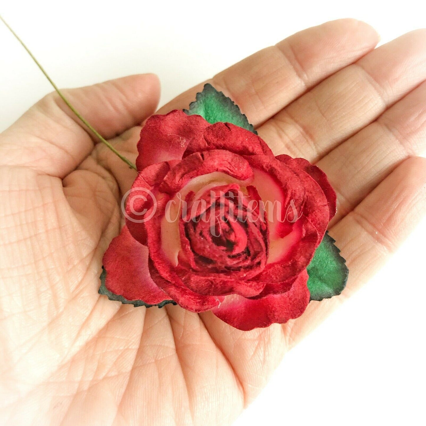 Small Mulberry Paper Rose Flowers For Card Making Craft With Wire Green Stem 5cm