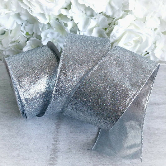63mm Wide Wired Edge Ribbon Glitter Finish Bow Making Florist Tree Decoration