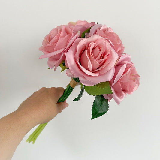 Dusky Pink Roses Artificial Bunch Fake Flowers Wedding Bouquet 7 Stems 25cm Open