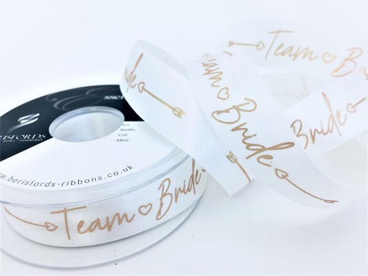 Berisfords Team Bride Hen Party White & Rose Gold Satin Ribbon 25mm x 1m