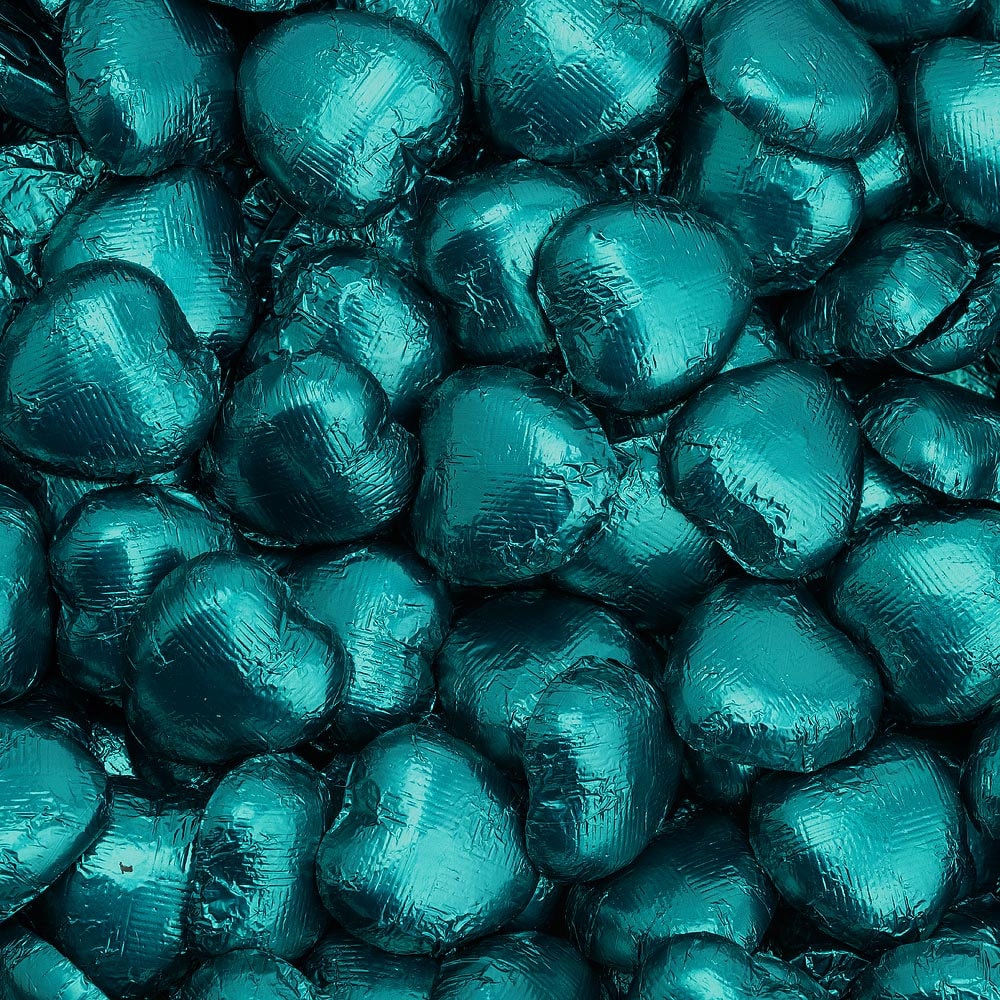Teal foil wrapped heart chocolate with Belgian milk chocolate heart