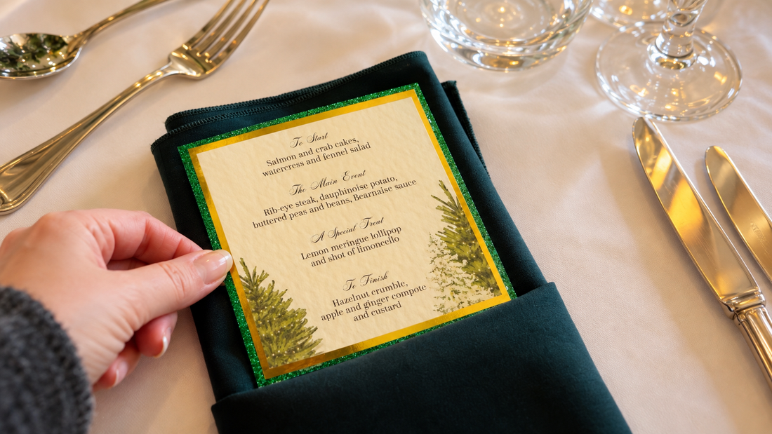Handmade green and gold wedding menu by The Creative Bride tucked into a dark green napkin at a place setting.