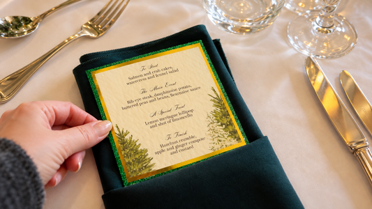 Handmade green and gold wedding menu by The Creative Bride tucked into a dark green napkin at a place setting.