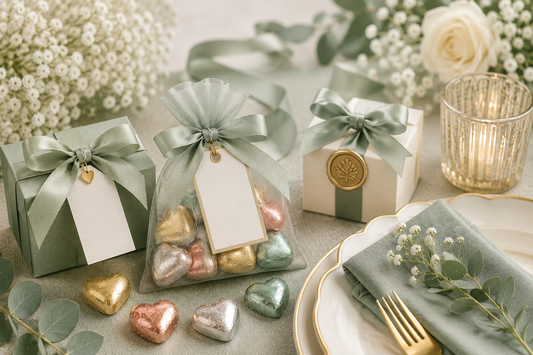 Sage Green themed wedding favours with heart chocolates