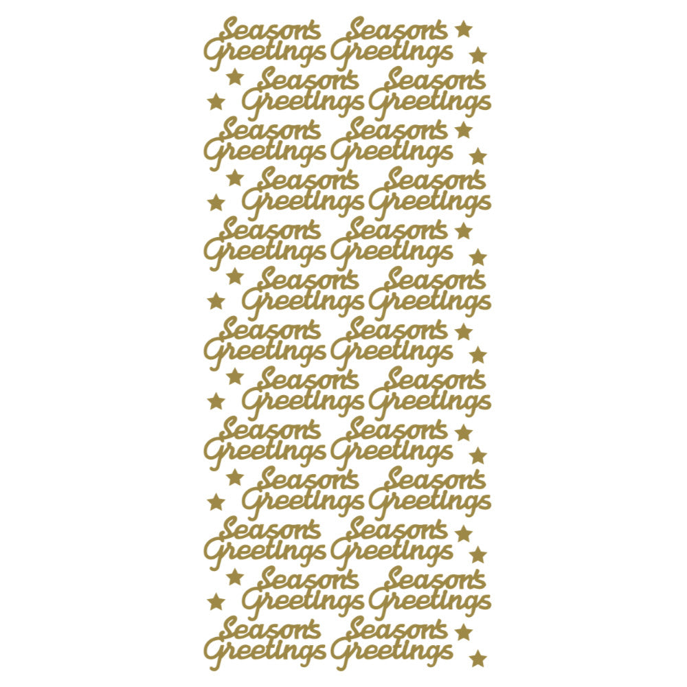 A sheet of gold foil stickers featuring the phrase 'Seasons Greetings' repeated in a cursive font, accented with small stars on a plain white background.