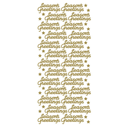 A sheet of gold foil stickers featuring the phrase 'Seasons Greetings' repeated in a cursive font, accented with small stars on a plain white background.