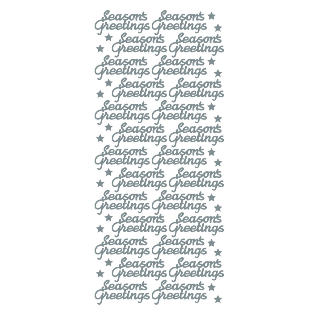 A sheet of decorative die-cut stickers featuring the phrase 'Seasons Greetings' in a gray cursive font, repeated with small star accents on a plain white background.