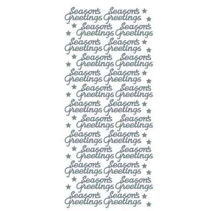 A sheet of decorative die-cut stickers featuring the phrase 'Seasons Greetings' in a gray cursive font, repeated with small star accents on a plain white background.