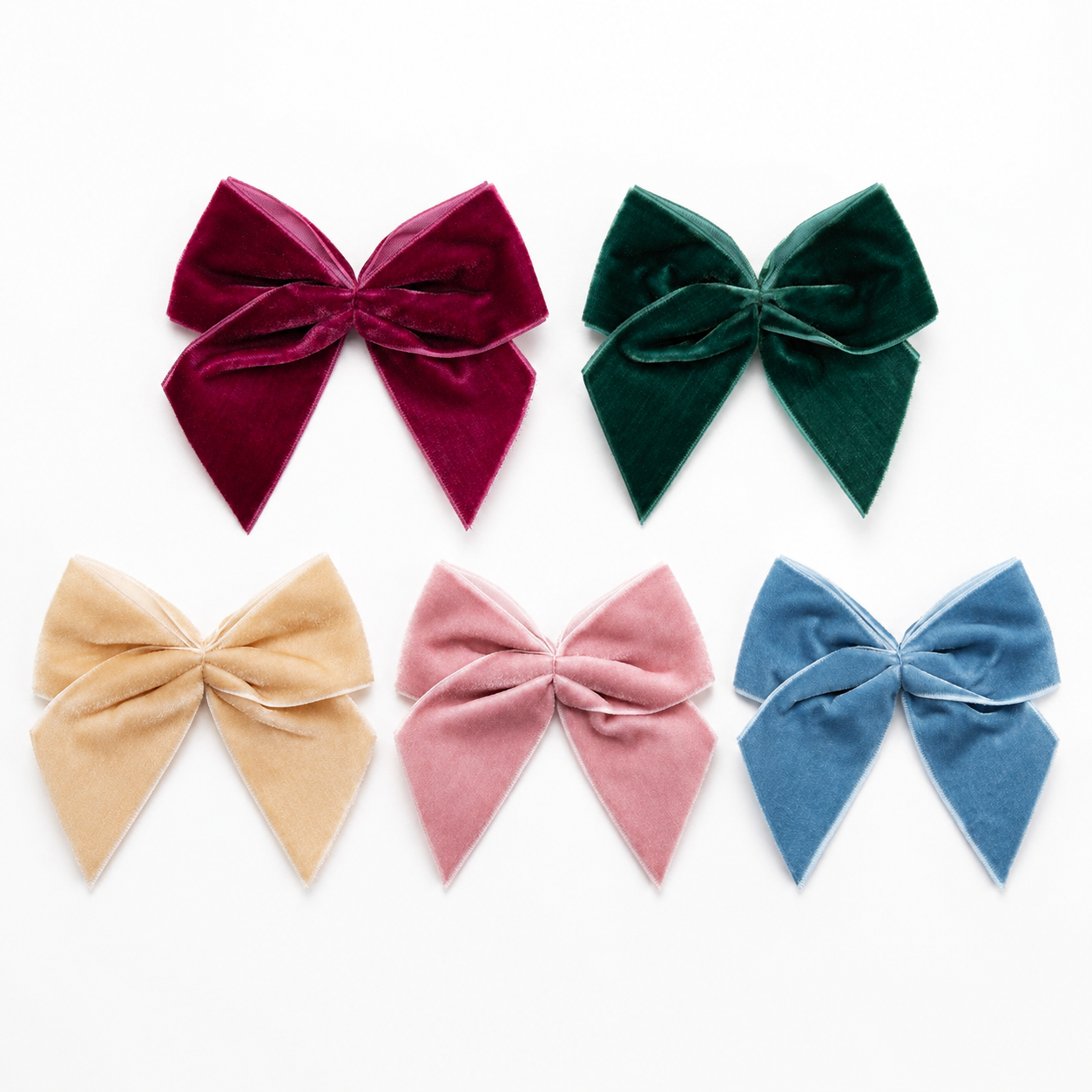 Five large velvet gift bows in burgundy, bottle green, champagne gold, vintage pink and vintage blue