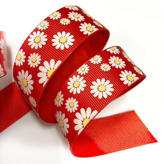 Easter Grosgrain Ribbon 25mm x 1m Cut Length Daisy Flower Print For Bow Making