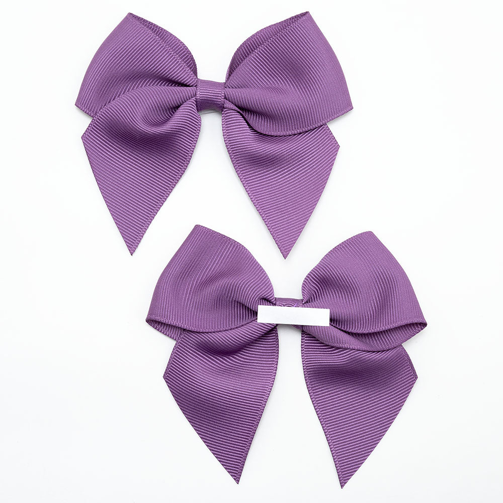 Front and back of amethyst 10cm grosgrain bow showing the self-adhesive strip