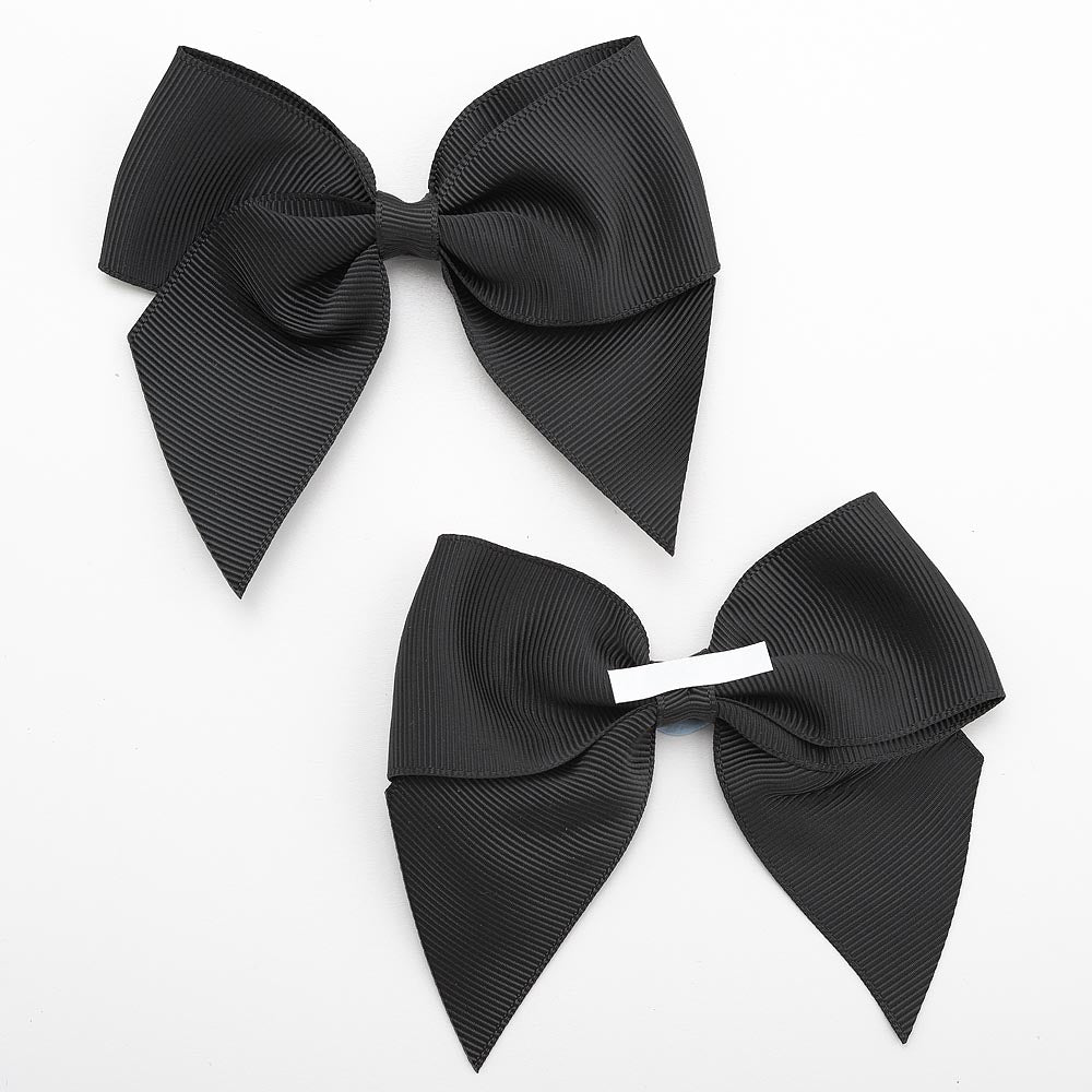Front and back of black 10cm grosgrain bow showing the self-adhesive strip