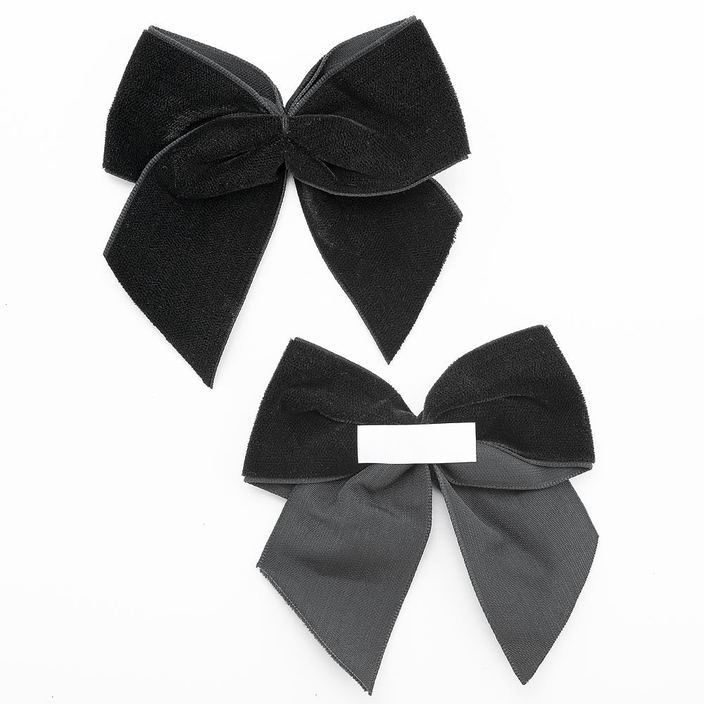 Front and back of black 10cm velvet bows showing the self-adhesive strip