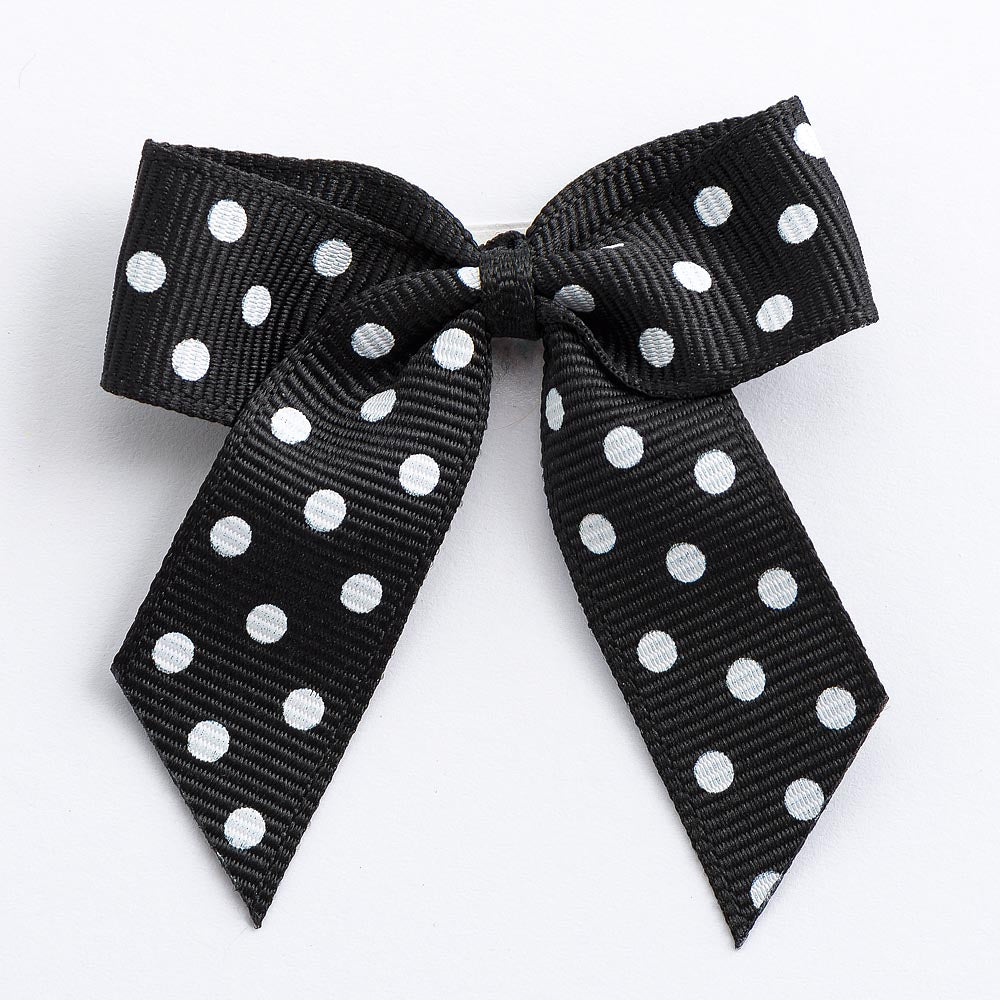 Black 5cm polka dot grosgrain ribbon bow on a white background