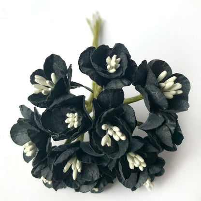 Black 25mm mulberry paper cherry blossom flowers with green wire stems for card making