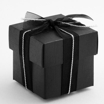 Black silk-finish square wedding favour box with separate lid