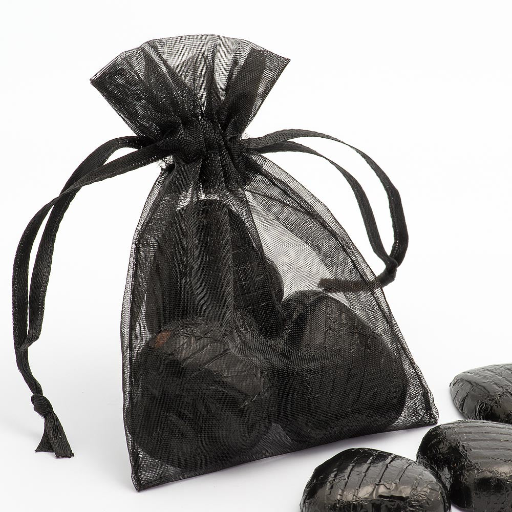 Black organza wedding favour bag filled with sweets