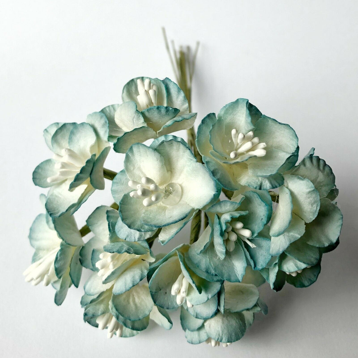 Blue 25mm mulberry paper cherry blossom flowers with green wire stems for card making