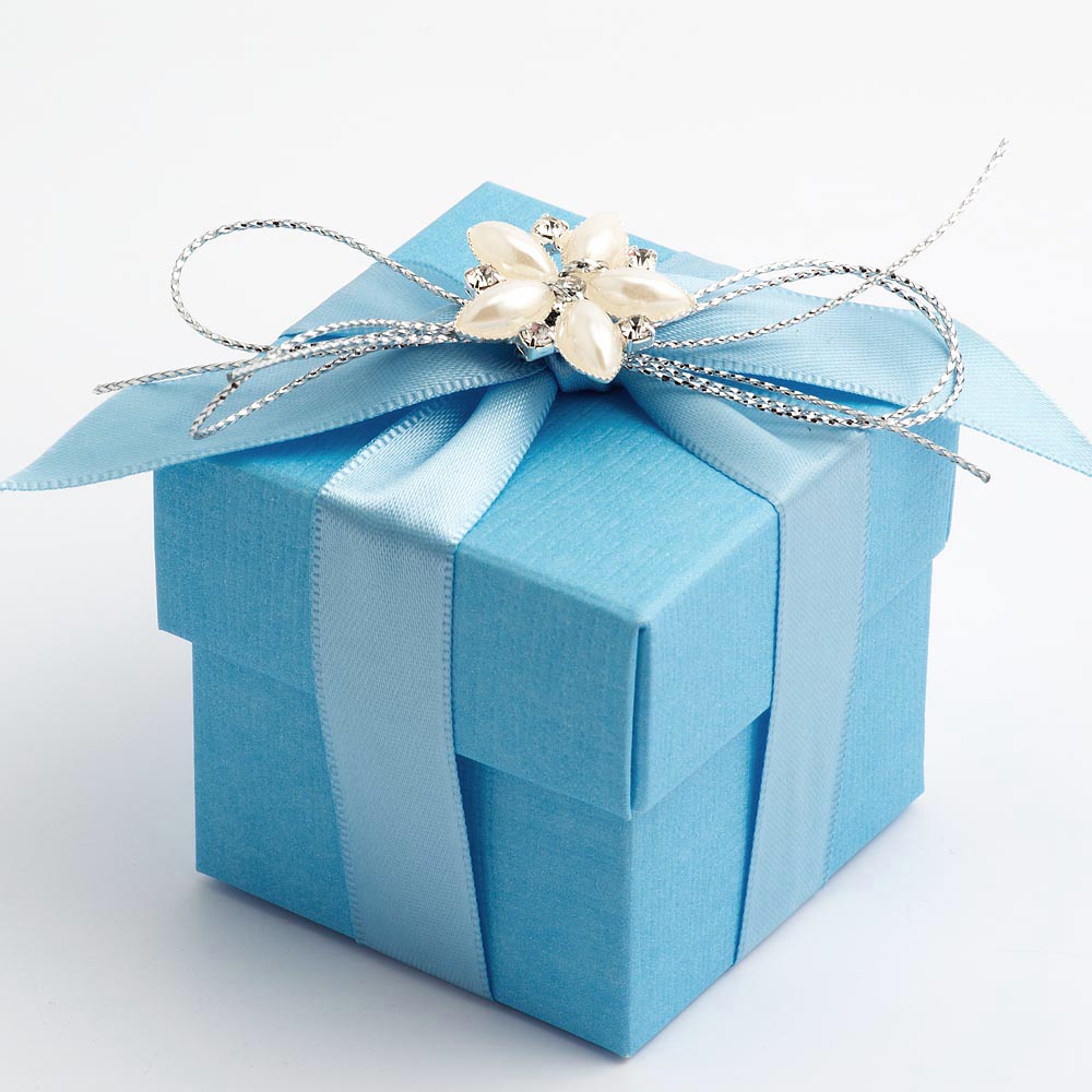 Blue silk-finish square wedding favour box with separate lid