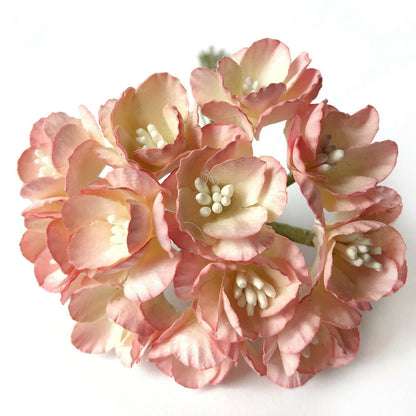 Blush pink 25mm mulberry paper cherry blossom flowers with wire stems for wedding invitations