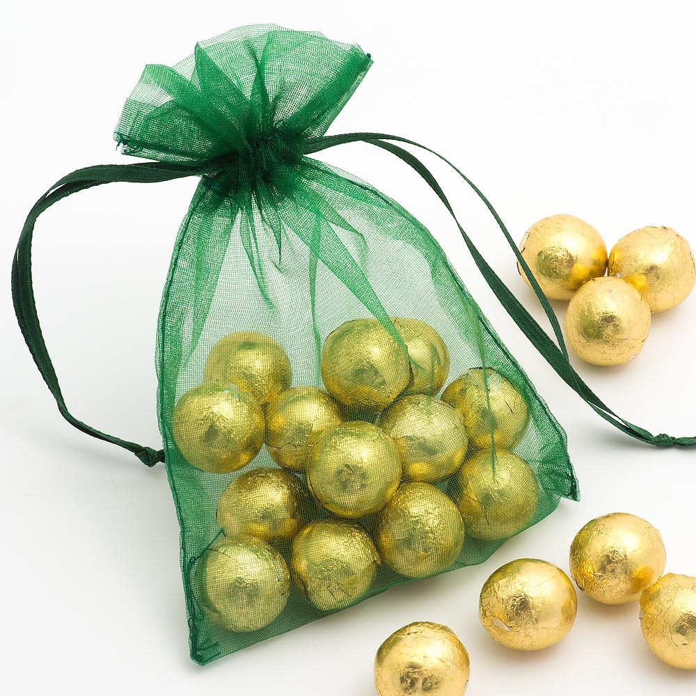 Bottle Green organza wedding favour bag filled with sweets