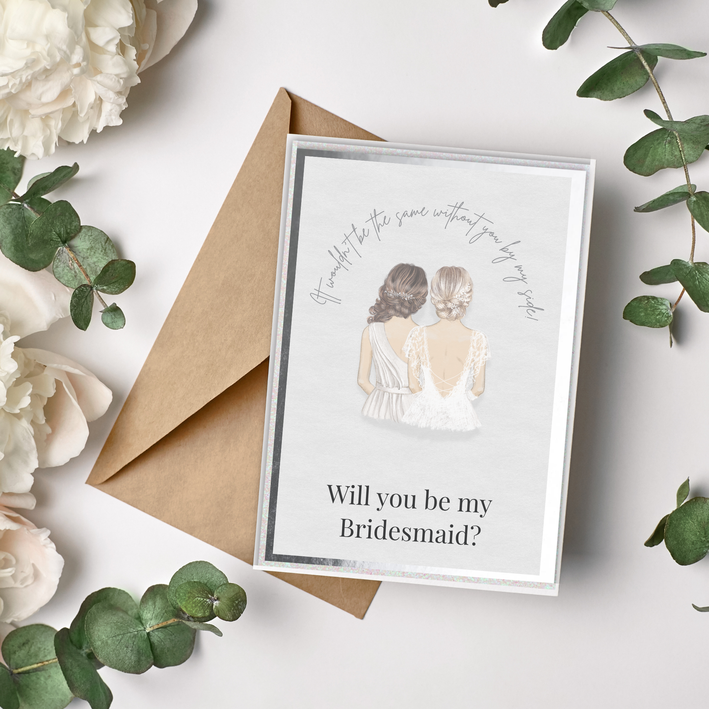 Greeting card asking 'Will you be my Bridesmaid?' with a brown envelope on a decorative background.