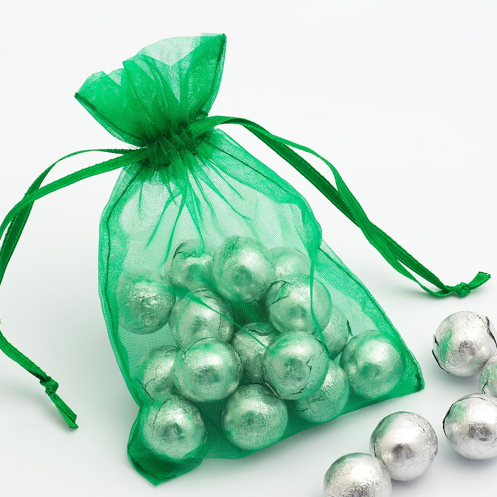 Bright Emerald organza wedding favour bag filled with sweets
