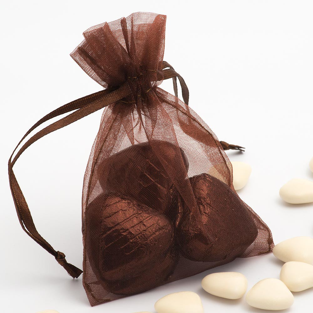 Brown organza wedding favour bag filled with sweets