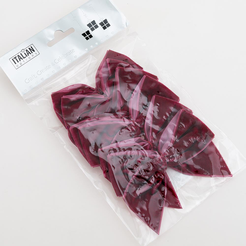 Pack of six burgundy 10cm self-adhesive velvet gift bows