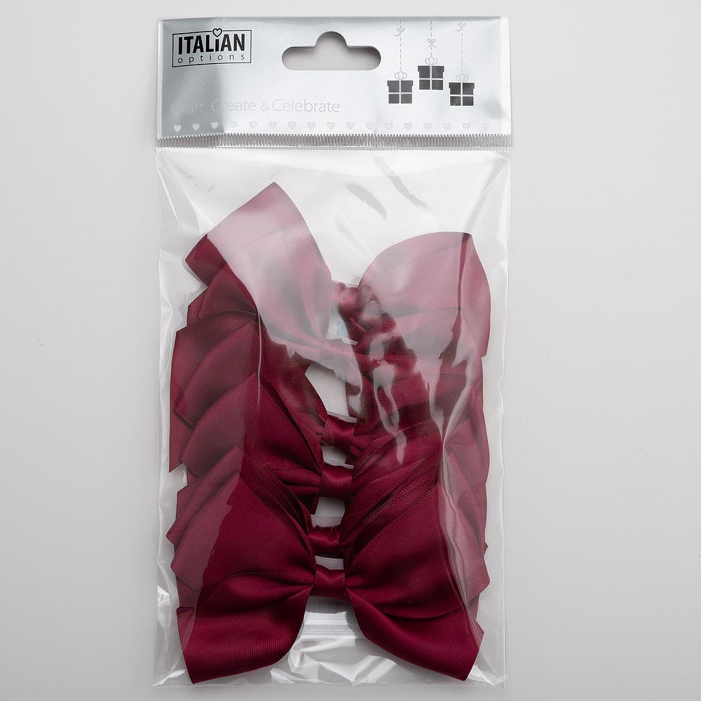Pack of six burgundy 10cm self-adhesive satin gift bows