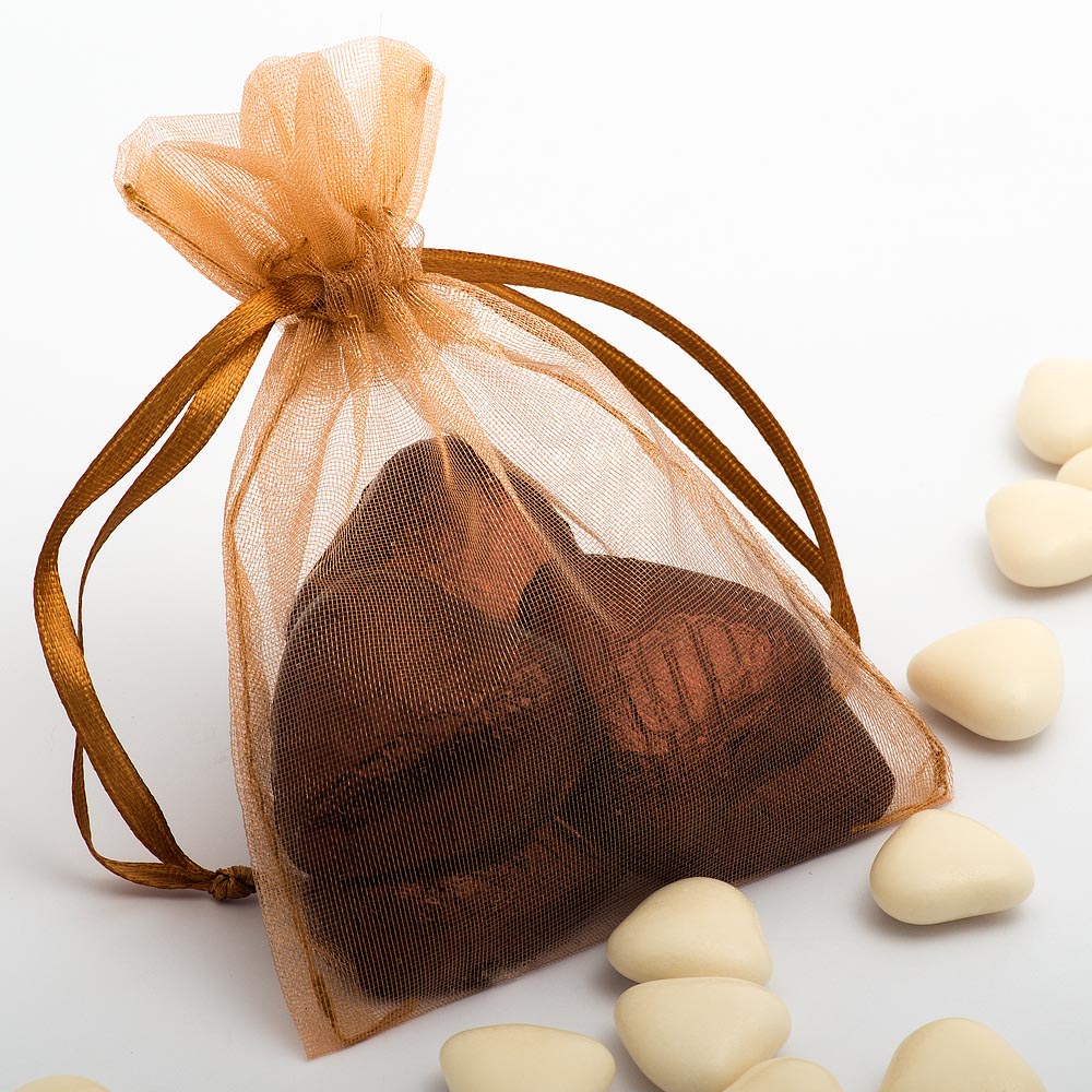 Caramel organza wedding favour bag filled with sweets