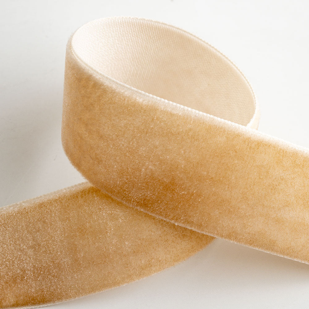 Champagne Gold single-face velvet ribbon in 9mm, 16mm and 25mm widths