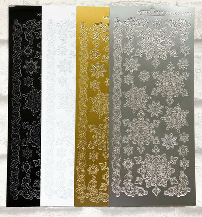Snowflake Christmas Peel Off Stickers in silver, gold, black and white with borders and corners