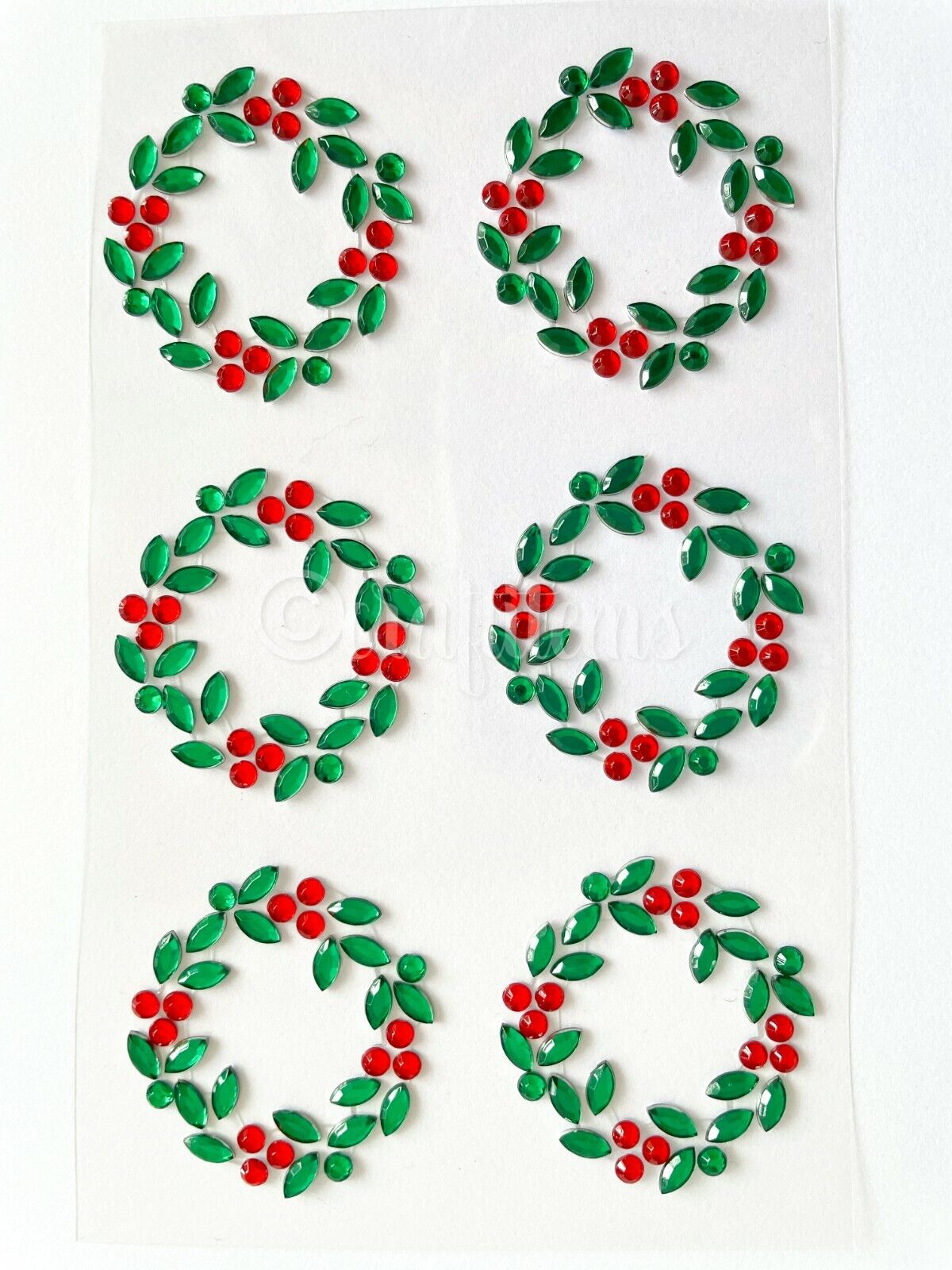 Six Christmas wreath gems stickers for card making