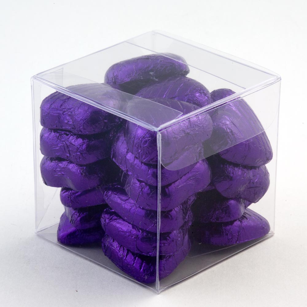 Clear 60mm cube wedding favour box filled with purple foil-wrapped chocolates