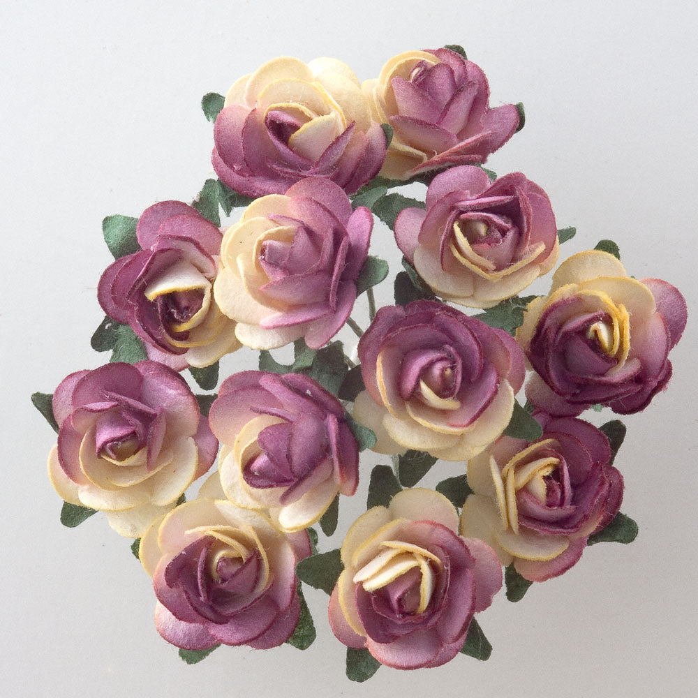 Cream & Burgundy 15mm wired paper tea roses