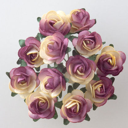Cream & Burgundy 15mm wired paper tea roses
