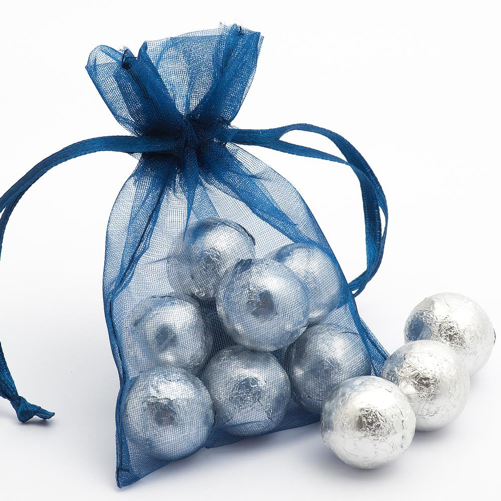 Dark Blue organza wedding favour bag filled with sweets