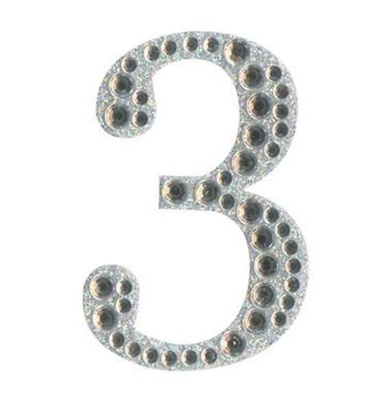 Eleganza 5cm self-adhesive silver diamante and glitter number 3 sticker