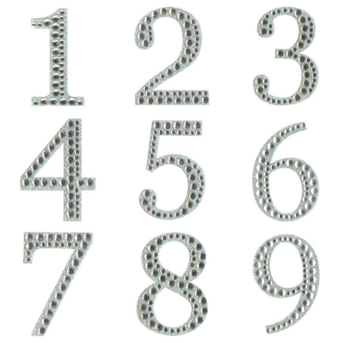 Eleganza 5cm self-adhesive silver diamante and glitter number stickers 0 to 9